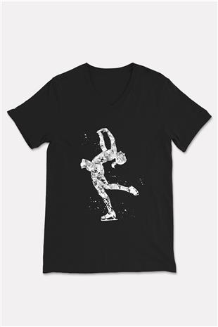Buz Pateni - Ice skating Baskılı Unisex Siyah V Yaka Tişört