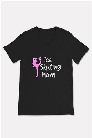 Buz Pateni - Ice skating Baskılı Unisex Siyah V Yaka Tişört