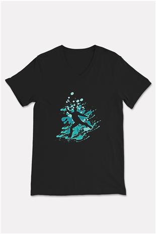Buz Pateni - Ice skating Baskılı Unisex Siyah V Yaka Tişört