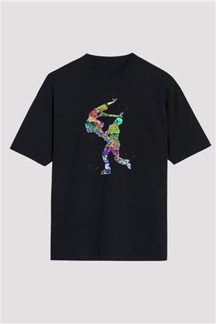 Buz Pateni - Ice skating Baskılı Unisex Siyah Oversize Tişört