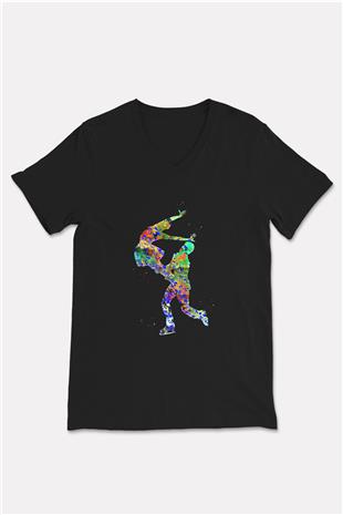 Buz Pateni - Ice skating Baskılı Unisex Siyah V Yaka Tişört
