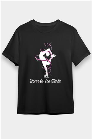 Buz Pateni - Ice skating Baskılı Unisex Siyah Tişört - Tshirt