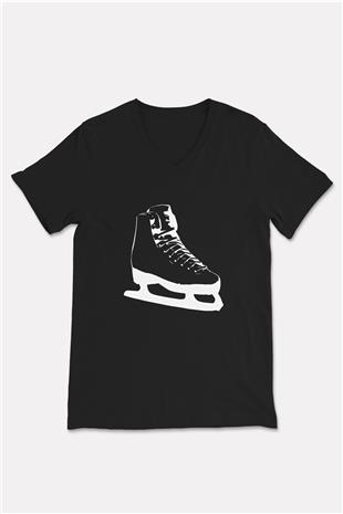 Buz Pateni - Ice skating Baskılı Unisex Siyah V Yaka Tişört
