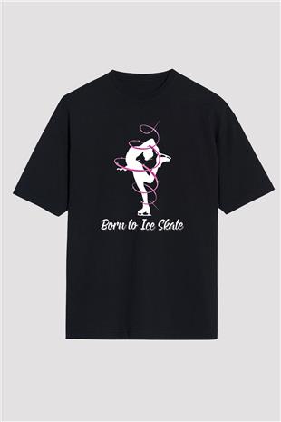 Buz Pateni - Ice skating Baskılı Unisex Siyah Oversize Tişört