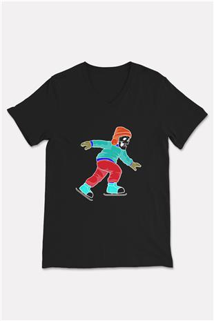 Buz Pateni - Ice skating Baskılı Unisex Siyah V Yaka Tişört