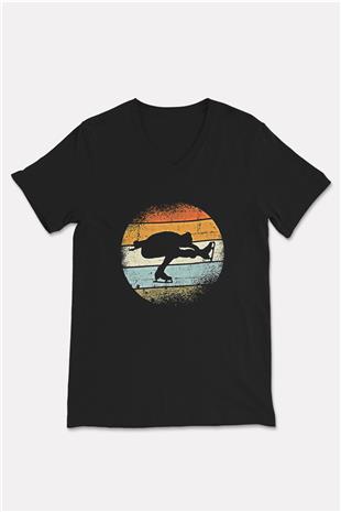 Buz Pateni - Ice skating Baskılı Unisex Siyah V Yaka Tişört