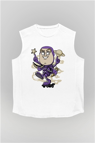 Buzz Skateboard Baskılı Unisex Beyaz Kolsuz Tişört