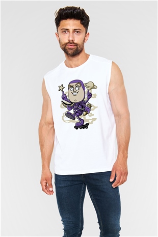 Buzz Skateboard Baskılı Unisex Beyaz Kolsuz Tişört