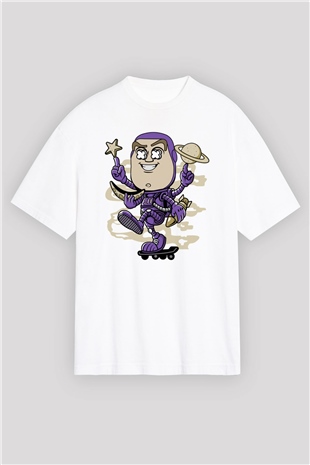 Buzz Skateboard Baskılı Unisex Beyaz Oversize Tişört