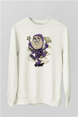 Buzz Skateboard Baskılı Unisex Beyaz Sweatshirt