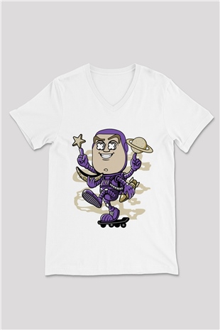 Buzz Skateboard Baskılı Unisex Beyaz V Yaka Tişört