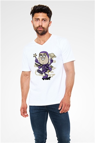 Buzz Skateboard Baskılı Unisex Beyaz V Yaka Tişört