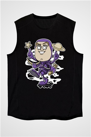 Buzz Skateboard Baskılı Unisex Siyah Kolsuz Tişört