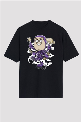 Buzz Skateboard Baskılı Unisex Siyah Oversize Tişört