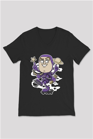 Buzz Skateboard Baskılı Unisex Siyah V Yaka Tişört