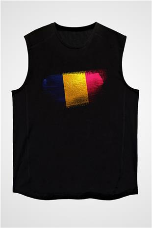 Çad - Chad Bayrağı Baskılı Unisex Siyah Kolsuz Tişört