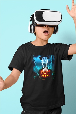 Cadılar Bayramı-Halloween Baskılı Siyah Unisex Çocuk Tişört