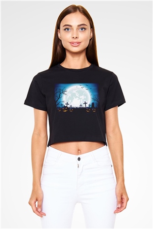 Cadılar Bayramı-Halloween Siyah Crop Top Tişört