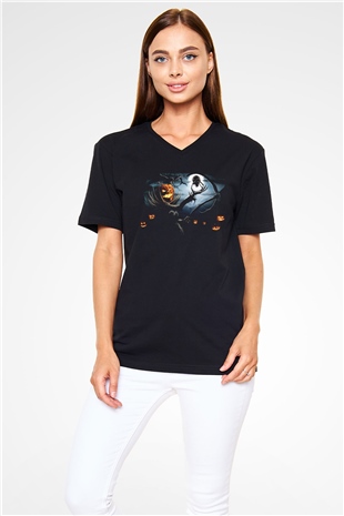 Cadılar Bayramı-Halloween Siyah Unisex V Yaka Tişört T-Shirt