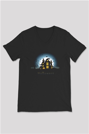 Cadılar Bayramı-Halloween Siyah Unisex V Yaka Tişört T-Shirt