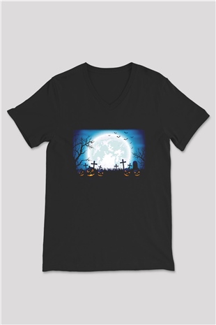 Cadılar Bayramı-Halloween Siyah Unisex V Yaka Tişört T-Shirt