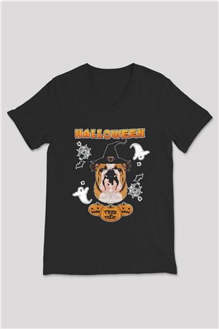 Cadılar Bayramı-Halloween Siyah Unisex V Yaka Tişört
