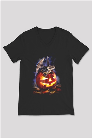 Cadılar Bayramı-Halloween Siyah Unisex V Yaka Tişört