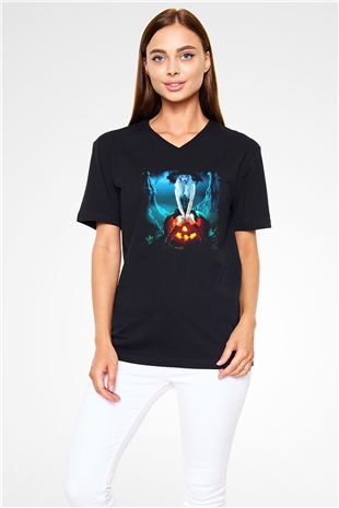 Cadılar Bayramı-Halloween Siyah Unisex V Yaka Tişört T-Shirt