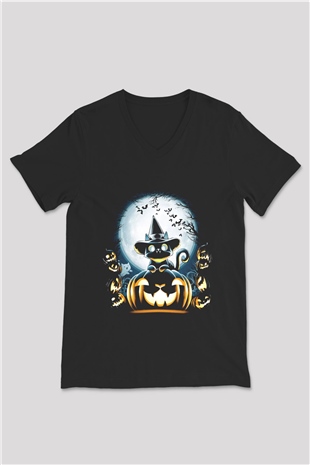 Cadılar Bayramı-Halloween Siyah Unisex V Yaka Tişört