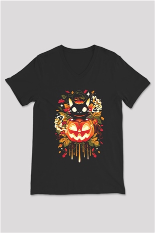 Cadılar Bayramı-Halloween Siyah Unisex V Yaka Tişört