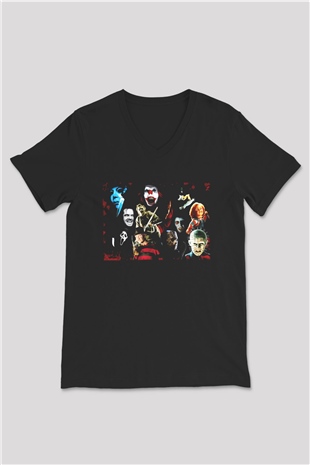 Cadılar Bayramı-Halloween Siyah Unisex V Yaka Tişört T-Shirt