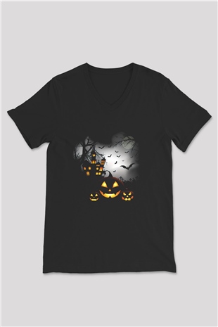 Cadılar Bayramı-Halloween Siyah Unisex V Yaka Tişört T-Shirt