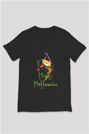Cadılar Bayramı-Halloween Siyah Unisex V Yaka Tişört
