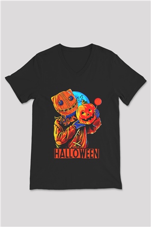Cadılar Bayramı-Halloween Siyah Unisex V Yaka Tişört