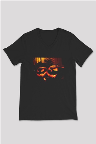 Cadılar Bayramı-Halloween Siyah Unisex V Yaka Tişört T-Shirt
