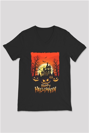Cadılar Bayramı-Halloween Siyah Unisex V Yaka Tişört