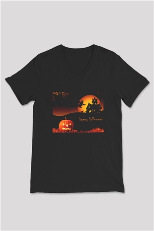 Cadılar Bayramı-Halloween Siyah Unisex V Yaka Tişört T-Shirt