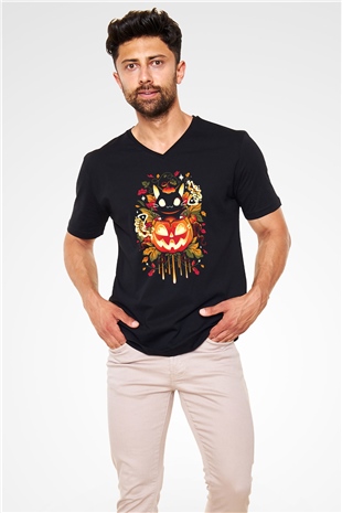 Cadılar Bayramı-Halloween Siyah Unisex V Yaka Tişört