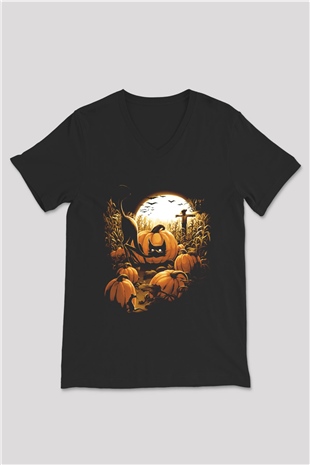 Cadılar Bayramı-Halloween Siyah Unisex V Yaka Tişört