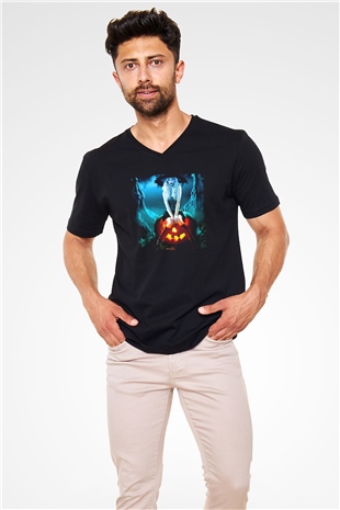 Cadılar Bayramı-Halloween Siyah Unisex V Yaka Tişört T-Shirt