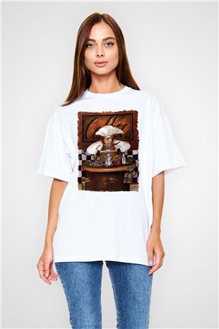 Cafe Beyaz Oversize Tişört Oversize T-shirt - TişörtFabrikası