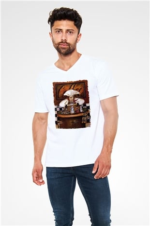 Cafe Beyaz Unisex V Yaka Tişört
