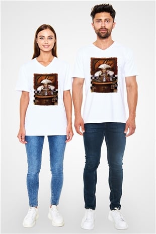 Cafe Beyaz Unisex V Yaka Tişört
