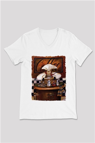 Cafe Beyaz Unisex V Yaka Tişört