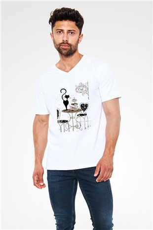 Cafe Beyaz Unisex V Yaka Tişört T-Shirt