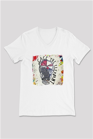 Cage the Elephant Baskılı Unisex Beyaz V Yaka Tişört