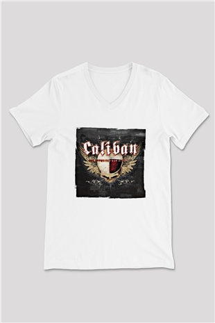 Caliban Baskılı Unisex Beyaz V Yaka Tişört