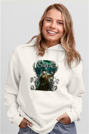 Call Of Ctulhu Baskılı Beyaz Unisex Kapüşonlu Sweatshirt