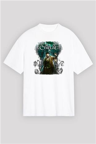 Call Of Ctulhu Baskılı Beyaz Unisex Oversize Tişört - Tshirt