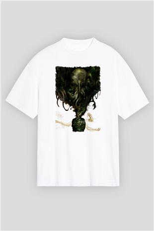 Call Of Ctulhu Baskılı Beyaz Unisex Oversize Tişört - Tshirt